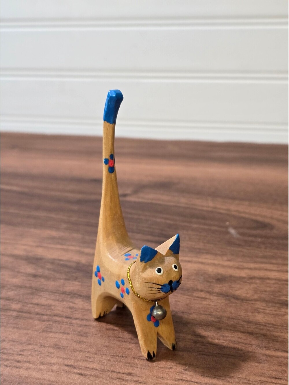 Vintage Hand Painted Wooden Cat Figurine with Bell – Folk Art Decor